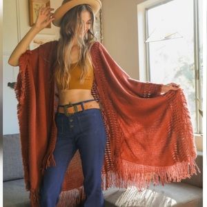 New Boho Fringe Border Ruana Wrap Kimono